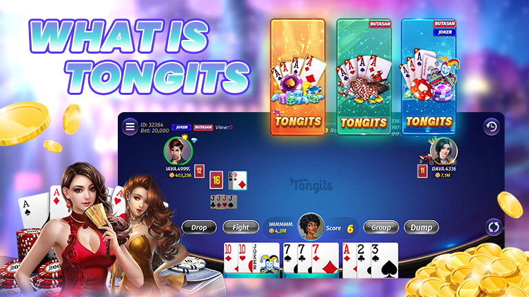 Text What are Tongits and decorations with 3 tongits gameplay icons, tongits interface, hot girls, and chips.