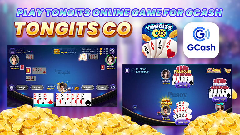 Text Play tongits online game for gcash tongits co with Tongits CO and GCash logo. Two gameplay of Tongits and Pusoy.