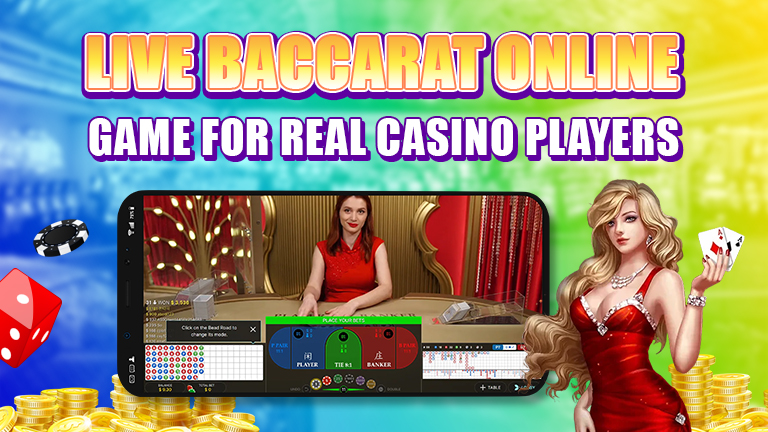 Text Live Baccarat online game for real casino players, decoration hot girl, and mockup with baccarat live gameplay.