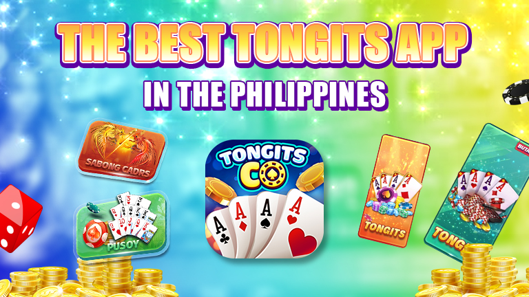 Text The best tongits app in the Philippines, decoration with the logo Tongits CO, and four casino game icons of Tongits CO.