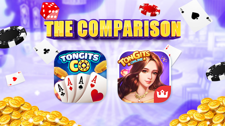 Text The Comparison, logo Tongits CO and Tong its online. The background is a combination of chips with cards.