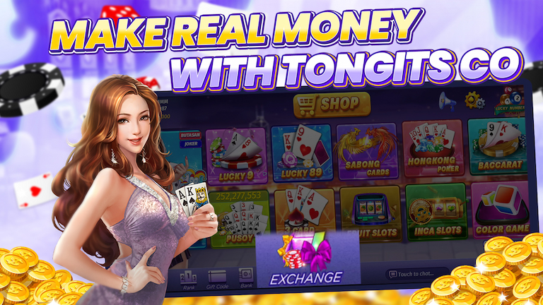 Text Make real money with Tongits CO. Tongits CO's main menu highlight exchange feature.