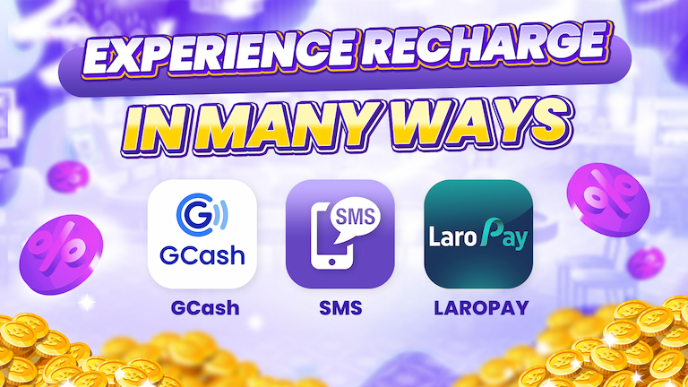 Text Experience recharge in many ways with 3 icons of GCash, SMS, and Laropay.