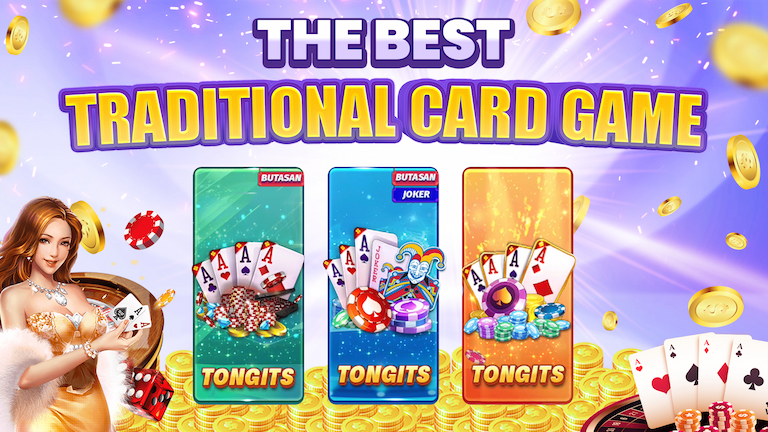 Text The best traditional card game with 3 icons Tongits playstyles, decoration several chips and cards.