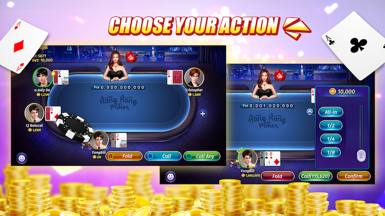 Text Choose your action in Hongkongpoker and the gameplay interface.