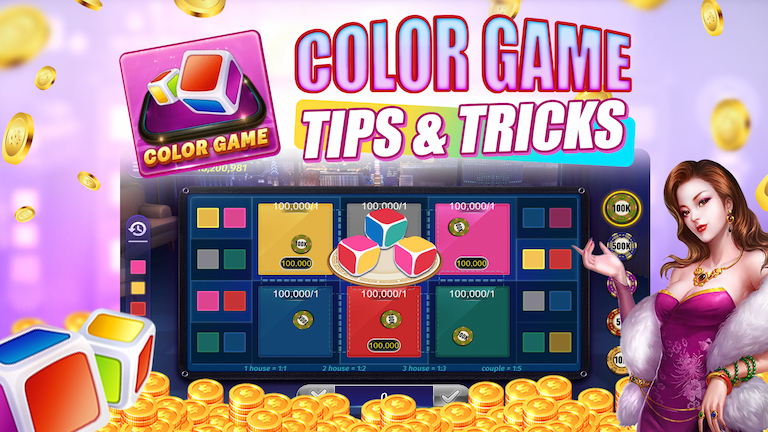 Text Color Game Tips & Tricks, Color Game gameplay interface, decoration several chips and hot lady.