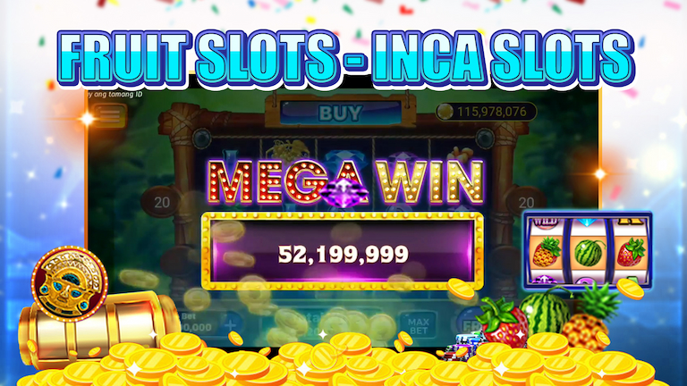 Text Fruit Slots - Inca Slots with gameplay interface, decoration slots machine, and chips.