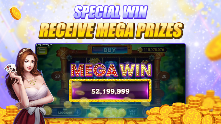 Text Special win receives mega prizes with slots online gameplay interface, decoration Chips, and a hot girl.