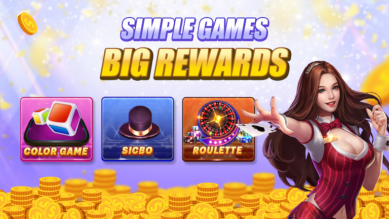 Text Simple Games Big Rewards with three game icons, decoration hot lady, and chips.