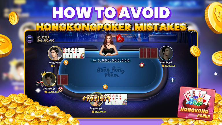 Text How to avoid Hongkongpoker mistakes with gameplay interface, decoration chips, and hongkongpoker icon.