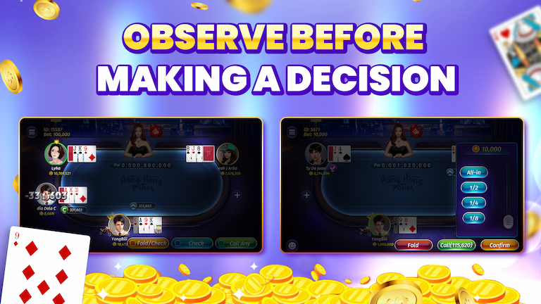 Text Observe before making a decision with two hongkongpoker gameplay interfaces, and decoration chips.