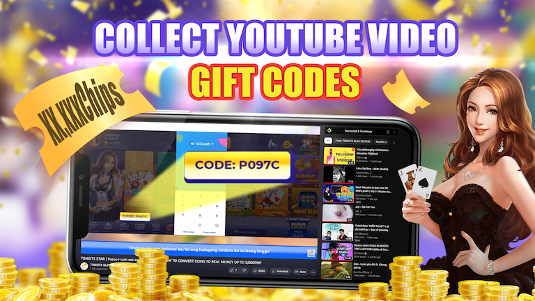 Text Collect youtube video gift codes with watching video interface, decorations hot girl, and gold tickets.