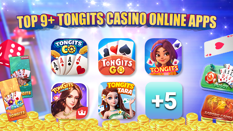 Text Top 9 Tongits Casino Online Apps, decorating many tongits app logo and game icons.