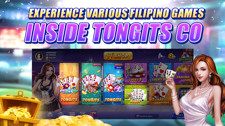 Text Experience various Filipino games inside Tongits CO, decorating with a hot girl and Tongits CO menu.