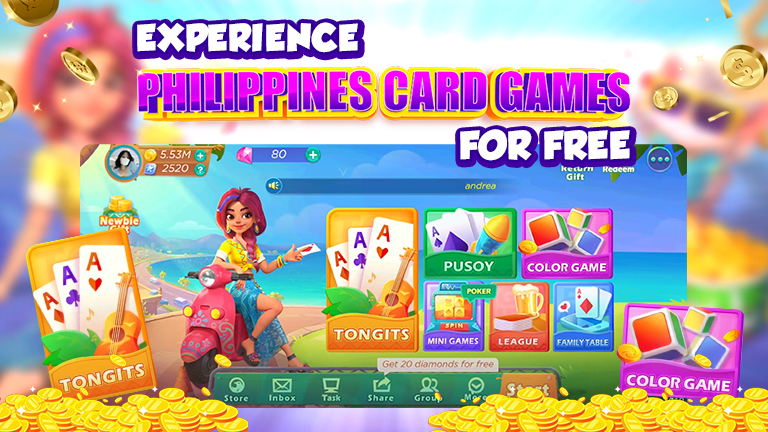 Text Exeperience Philippines card games for free, Tongits Star menu, Chips and game icons.