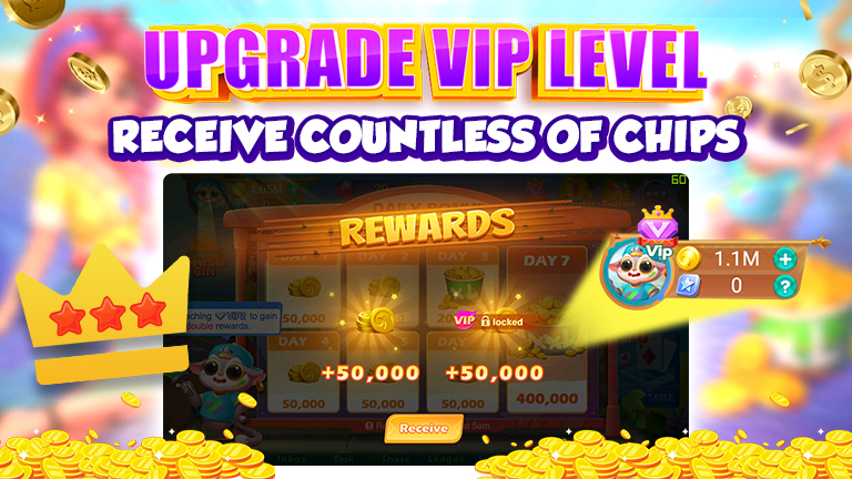 Text Upgrade VIP level receive countless of Chips, Vip level rewards, user interface when purchase VIP. Crown and Chips.