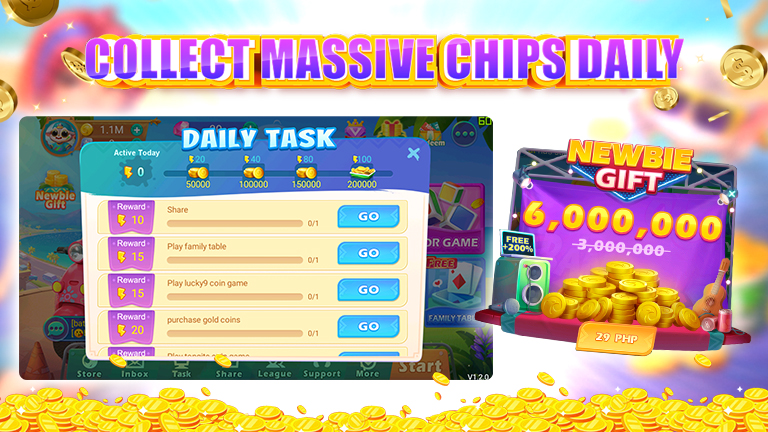 Text collect massive chips daily, Tongist Star daily task, Tongits Star newbie gift, Chips.