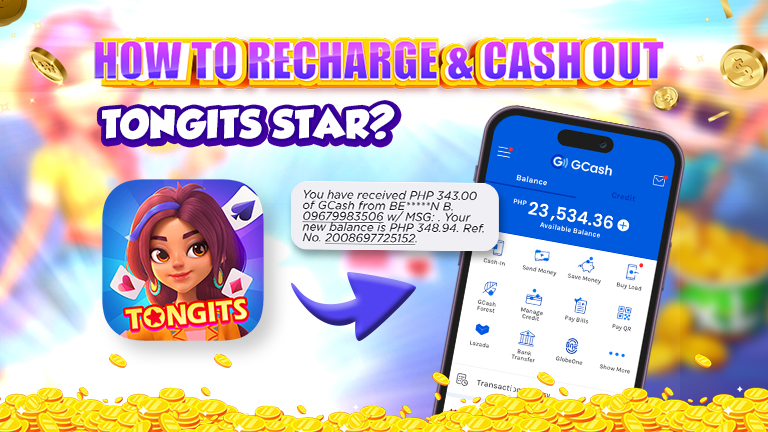 Text How to recharge & cash out Tongits Star, Logo Tongits Star, Mockup with GCash interface, Chips.