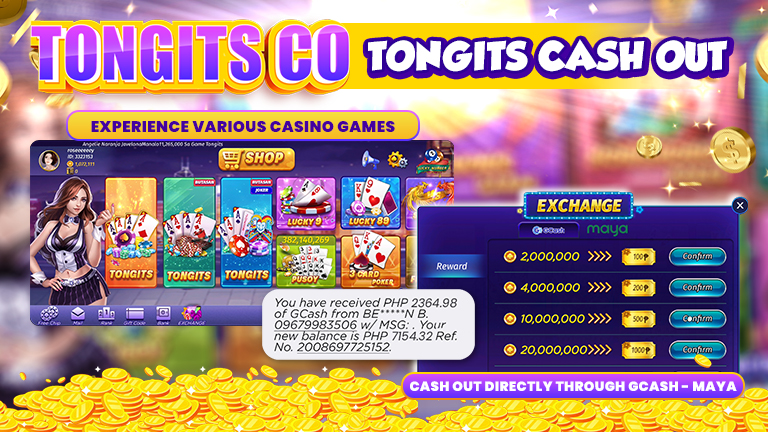 Text Tongits CO Tongits Cash Out, Tongits CO game menu, Tongits CO cash out feature, Chips.