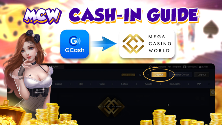 MCW Cash-in guide, logo GCash and MCW casino. Decoration hot girl and chips.