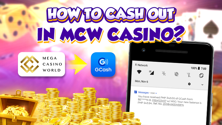 How to cash out in MCW Casino? Logo GCash and Mega Casino World. Decoration chips and cards.