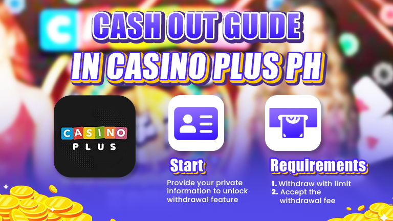 Cash out guide in Casino Plus PH, logo Casino Plus, decoration icons and information.