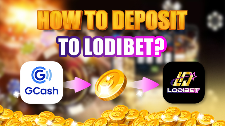 How to deposit to lodibet text. Decoration logo GCash, Coin, Lodibet logo.