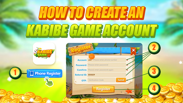 Beach background, Kabibe Game logo, and instructions on how to register an kabibe game account.