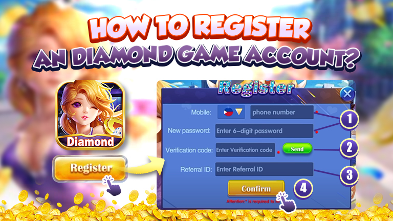 Text How to register an diamond game account. Logo Diamond Game, and the instructions on create an Diamond Game account.