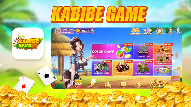 Text Kabibe Game, logo Kabibe Game, and Kabibe Game interface. Decoration Coins and Cards. Beach background.