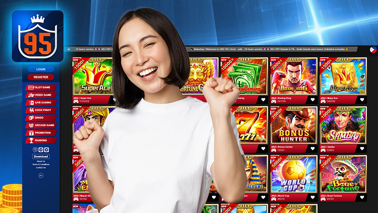 Ubet95 main menu, logo, and happy girl exciting to discover about Ubet95.
