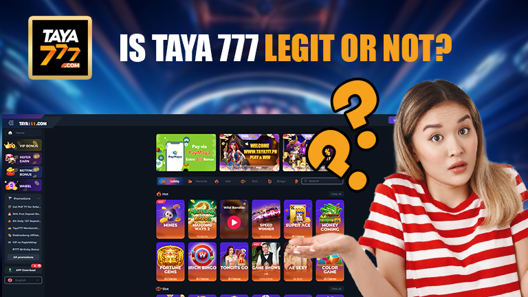 is Taya 777 legit or not, demonstrate with logo Taya 777, main menu, and a lot of question marks.