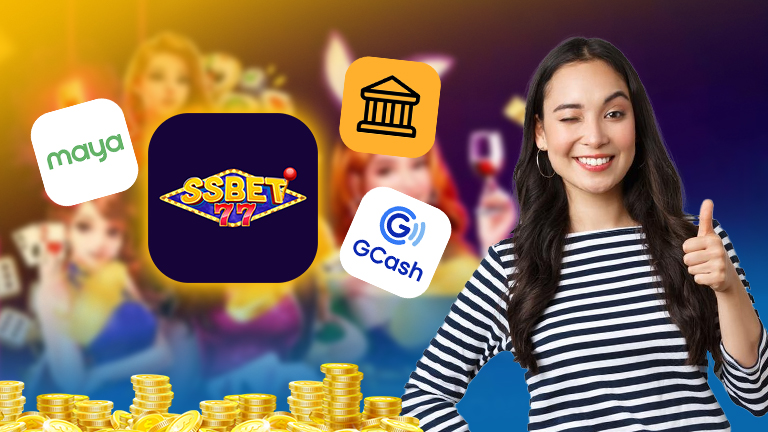 How to deposit and withdraw in ssBet77. Demonstrate with logo ssBet77, logo Maya, logo Gcash, and Bank icon.