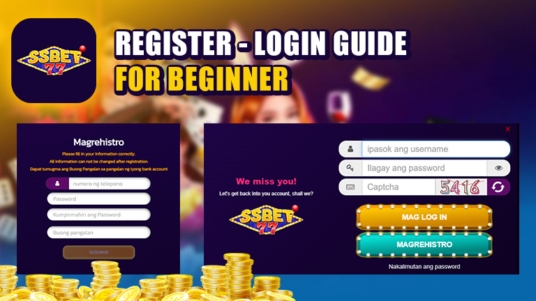 register and login guide for ssBet77 beginner. Demonstrate with register and login interface.