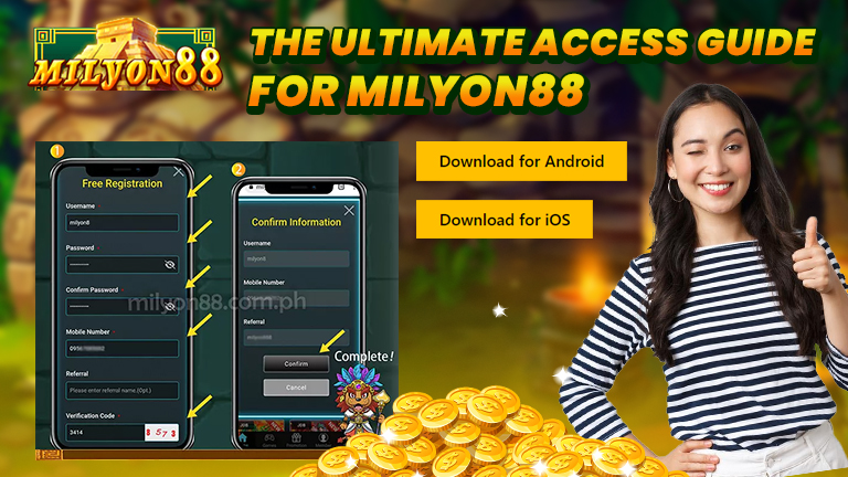 Access guide for Milyon88, demonstrate with two download buttons and the registration process 