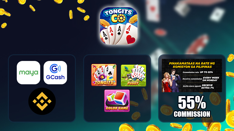 Tongits CO advantages, demonstrate with popular payment methods logo, variety game icons, and promotions banner.