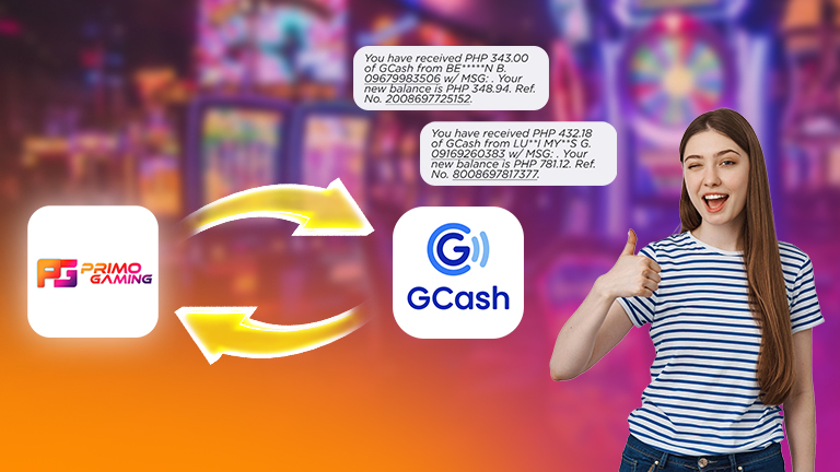 How to deposit and withdraw in PrimoGaming, demonstrate with logo PrimoGaming making transaction with logo Gcash