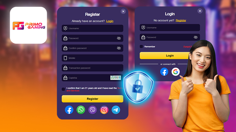 How to register and login with PrimoGaming, demonstrate with PrimoGaming logo and login interface