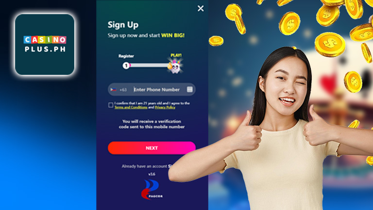 How to sign up and login with CasinoPlus, demonstrate with CasinoPlus logo and sign up interface.