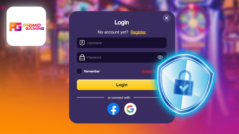 High secure PrimoGaming login guide, demonstrate with logo PrimoGaming, login process got secure