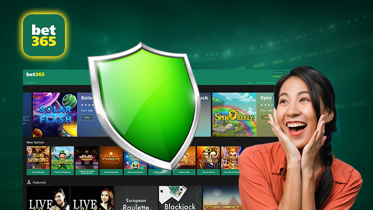Bet365 login guide with high security, demonstrate with logo Bet365 and main menu got protected by a green shield