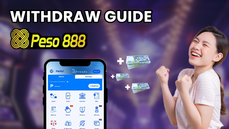 How to cash out with Peso888, demonstrate with the Peso888 logo, the GCash main interface, and money plus.