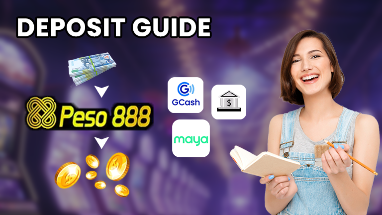 How to deposit with Peso888, demonstrate with the Peso888 logo, bank and e-wallet in Philippines icon.