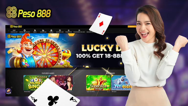 What is Peso888? Demonstrate with Peso888 main interface, the Peso888 logo, and a girl excited when she wins the game.
