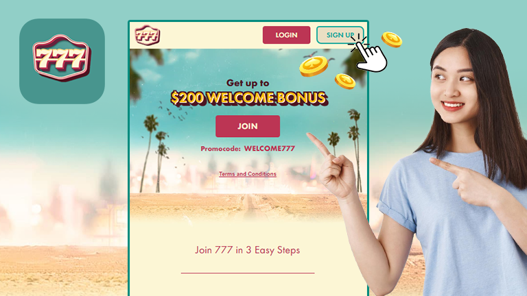 How to sign up with 777Casino, demonstrate with 777Casino logo, interface, highlight the sign up button inside the 777Casino interface.