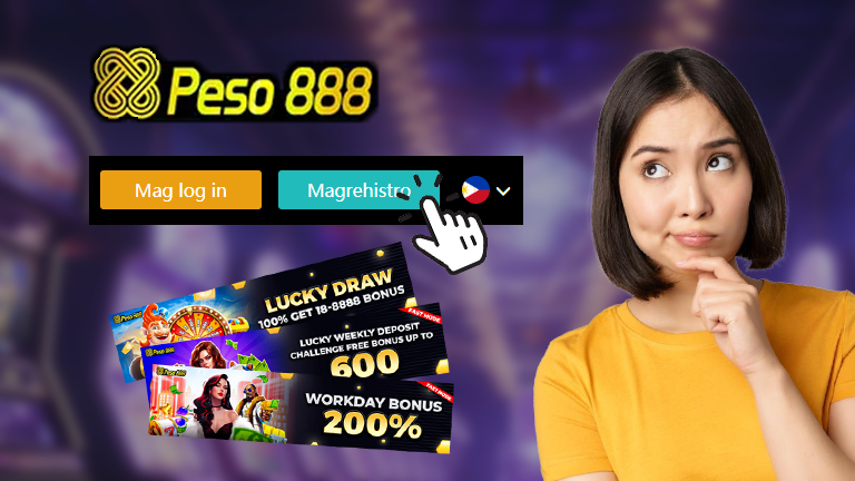 How to register an account with Peso888, demonstrate with Peso888 logo and the register button.