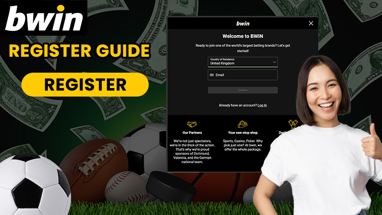 How to register an BWin account, demonstrate with button Register, the register interface of BWin, and logo BWin.
