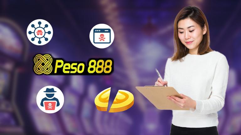 Logo Peso888, cyberthreat icons, a girl taking note for Internet Threats you might face.