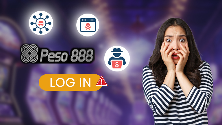 Why you should know this Peso888 Login, demonstrate with cyberthreats icon, login button got harm, a girl scaring, and logo Peso888