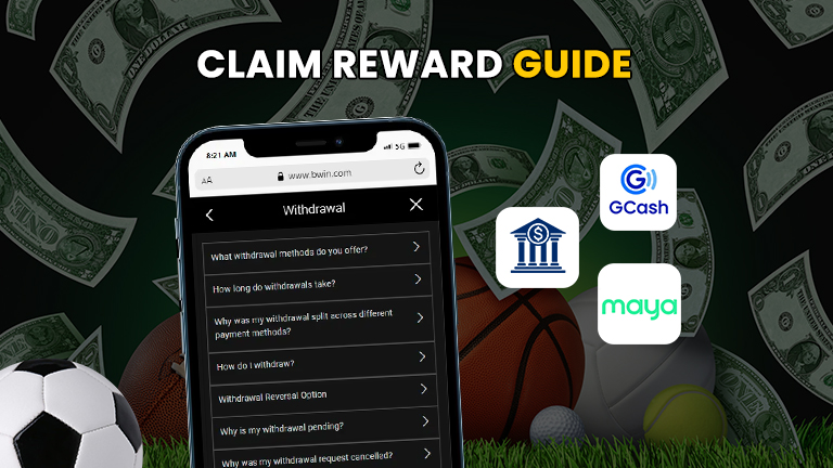 How to withdraw your rewards with BWin, demonstrate with mockup contain withdraw interface, logo GCash, Maya, and Bank.